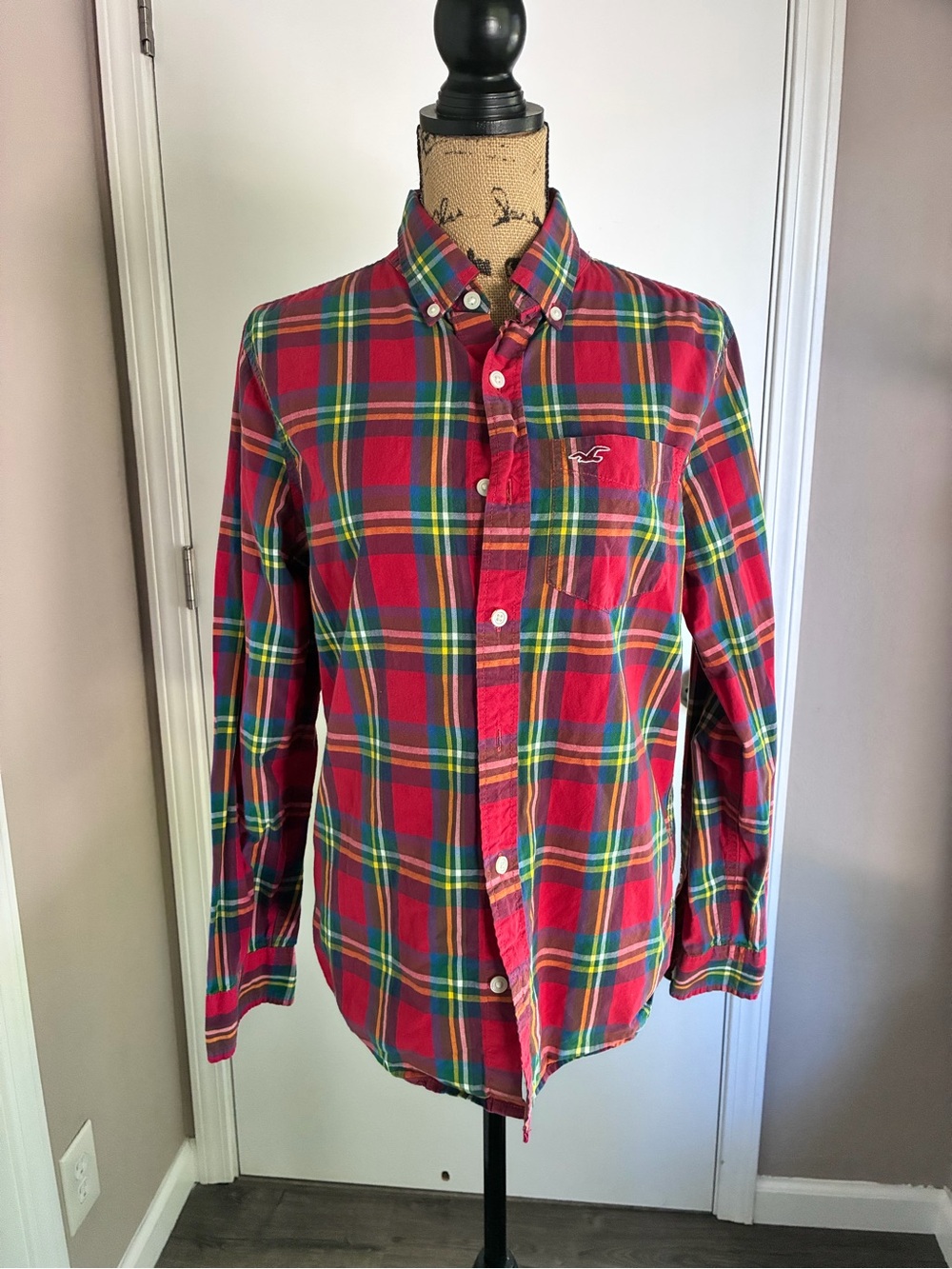 Hollister Red, Green & Yellow Plaid Button-Down Shirt